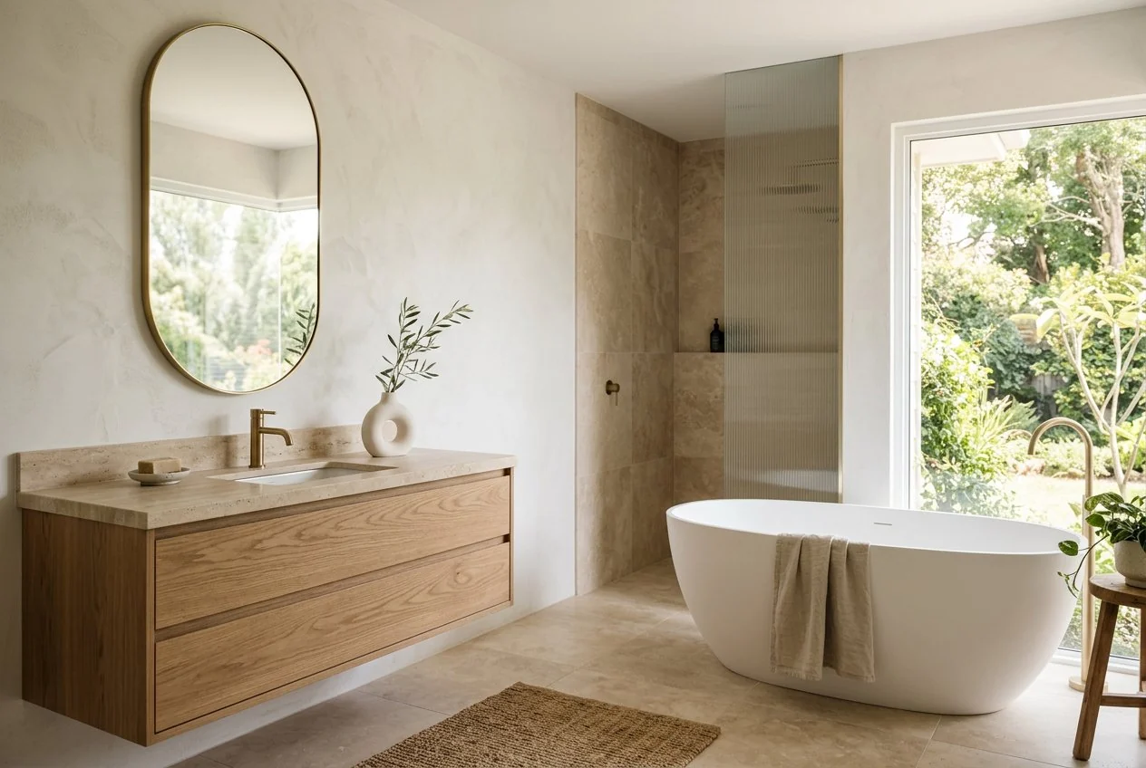 A serene bathroom with a warm oak vanity, stone countertop, and freestanding bath