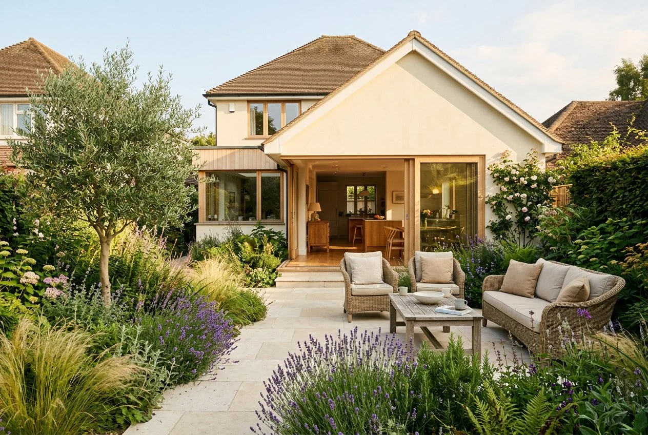 A renovated cream home opening onto a lush planted garden and patio